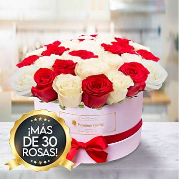 White Box of Red and White Roses
