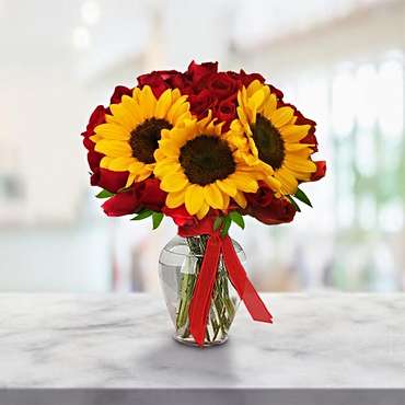 Vase of Roses and Sunflowers