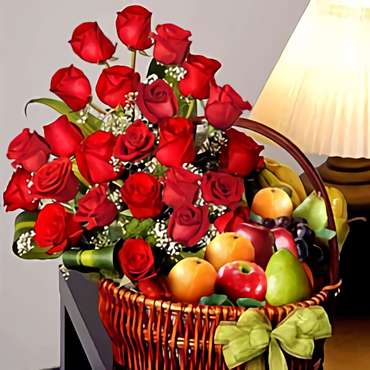 Luxury Basket with Roses and Fruits