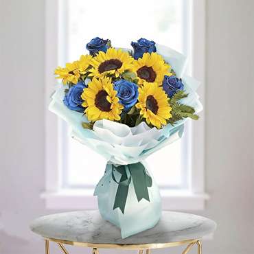Sunflowers and Blue Roses Bouquet